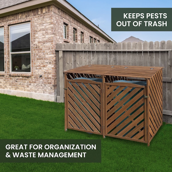 Hanover Wooden Trash and Recyclables Bin Storage Shed with Dual Front Doors and Hinged Top Lids in Brown - HANWS0104-BRN