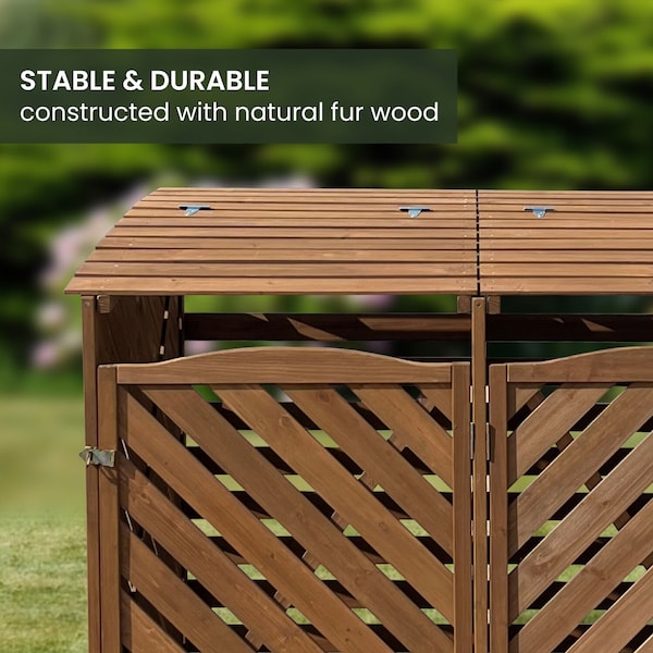 Hanover Wooden Trash and Recyclables Bin Storage Shed with Dual Front Doors and Hinged Top Lids in Brown - HANWS0104-BRN