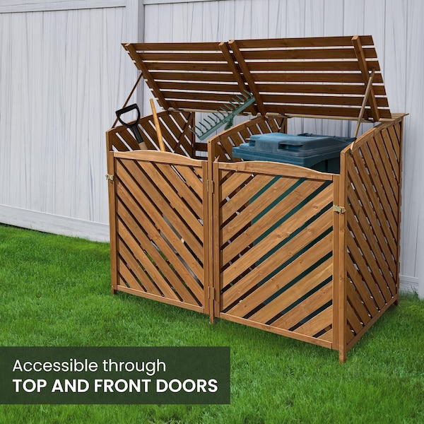 Hanover Wooden Trash and Recyclables Bin Storage Shed with Dual Front Doors and Hinged Top Lids in Brown - HANWS0104-BRN