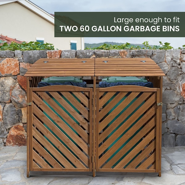 Hanover Wooden Trash and Recyclables Bin Storage Shed with Dual Front Doors and Hinged Top Lids in Brown - HANWS0104-BRN