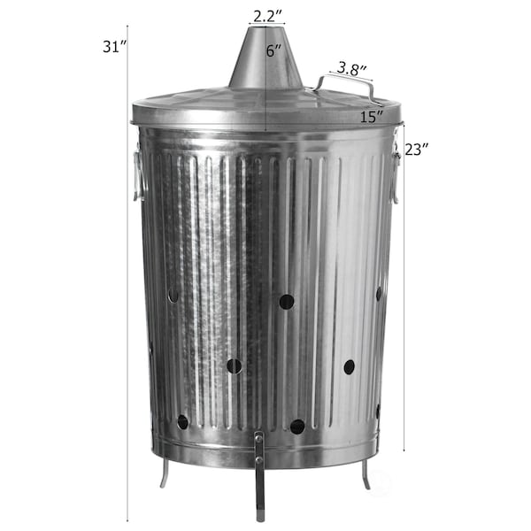 Gardenised Silver Outdoor Galvanized Metal Garden Incinerator Can, for Yard, Patio, and Backyard - QI004569