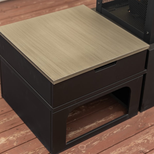 Deko Living 70 Inch Rectangular Outdoor Steel Woodburning Fireplace w/ Log Storage Compartment, Side Tables - COB10513