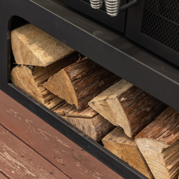 Deko Living 70 Inch Rectangular Outdoor Steel Woodburning Fireplace w/ Log Storage Compartment, Side Tables - COB10513