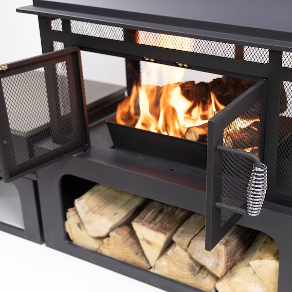 Deko Living 70 Inch Rectangular Outdoor Steel Woodburning Fireplace w/ Log Storage Compartment, Side Tables - COB10513