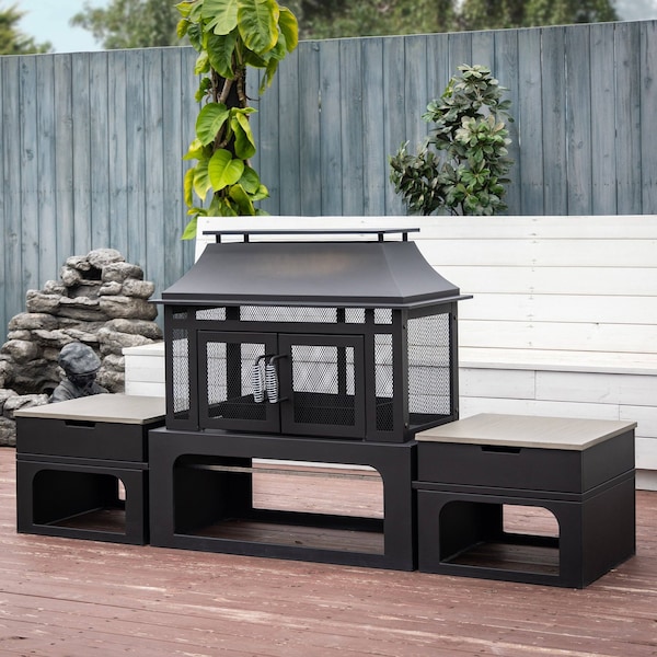 Deko Living 70 Inch Rectangular Outdoor Steel Woodburning Fireplace w/ Log Storage Compartment, Side Tables - COB10513