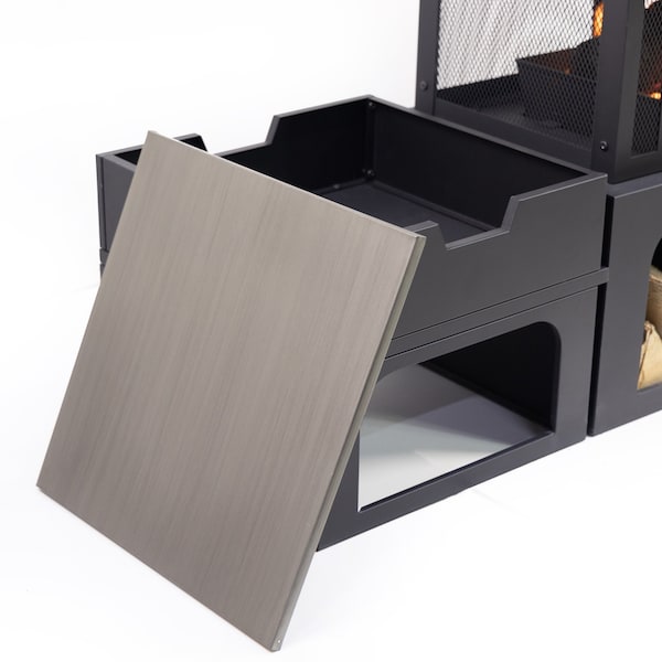 Deko Living 70 Inch Rectangular Outdoor Steel Woodburning Fireplace w/ Log Storage Compartment, Side Tables - COB10513