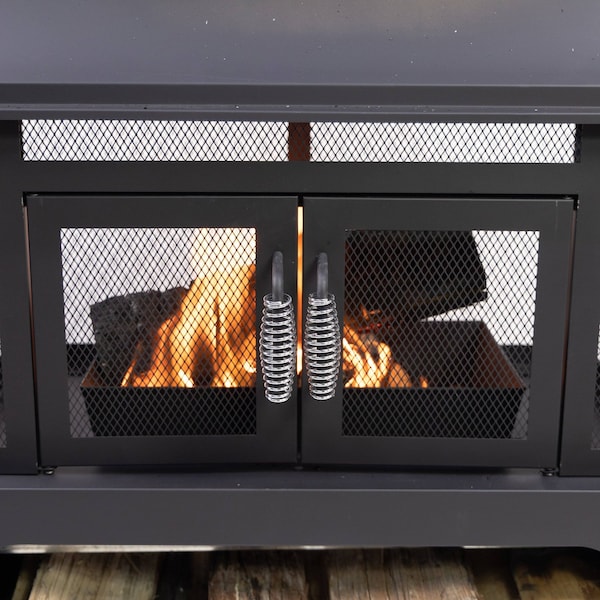 Deko Living 70 Inch Rectangular Outdoor Steel Woodburning Fireplace w/ Log Storage Compartment, Side Tables - COB10513