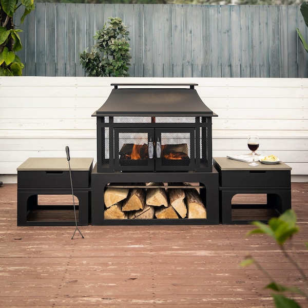 Deko Living 70 Inch Rectangular Outdoor Steel Woodburning Fireplace w/ Log Storage Compartment, Side Tables - COB10513