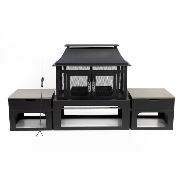 Deko Living 70 Inch Rectangular Outdoor Steel Woodburning Fireplace w/ Log Storage Compartment, Side Tables - COB10513