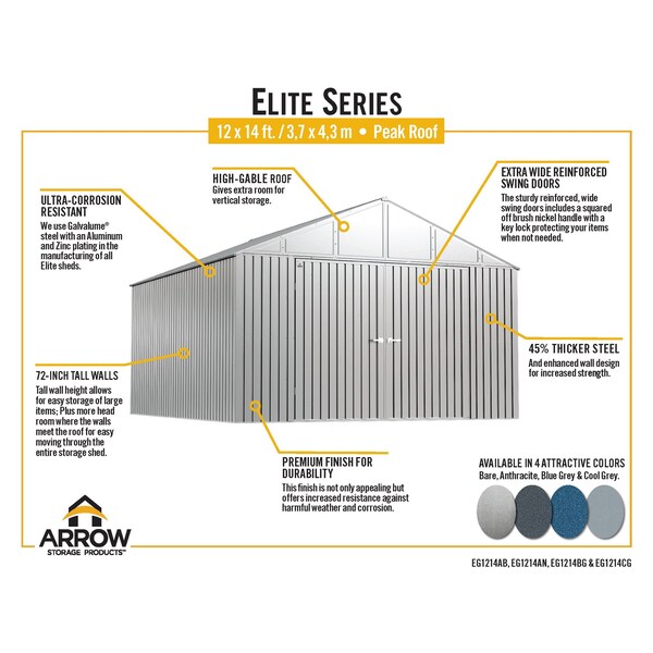 Arrow Storage Products Elite Steel Storage Shed, 12x14, Blue Grey - EG1214BG
