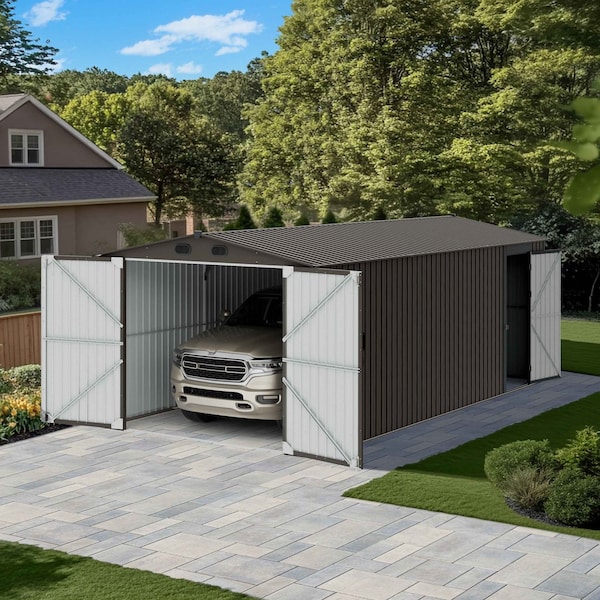 Sunjoy 10 ft. x 20 ft. Outdoor Storage Shed, Carport, Tan - A110006602