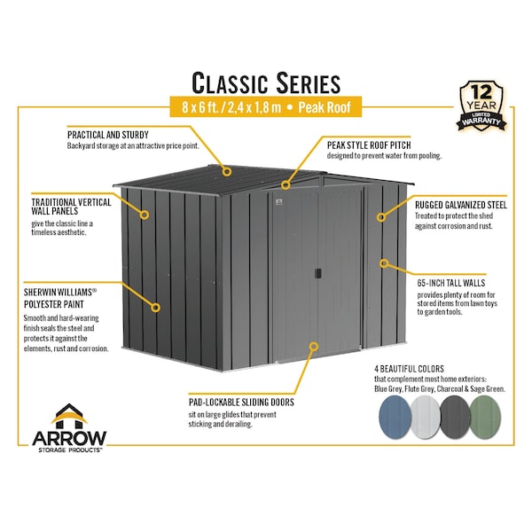 Arrow Storage Products 8x6 Classic Steel Storage Shed, Sage Green - CLG86SG