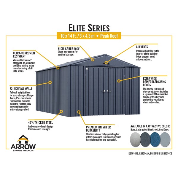 Arrow Storage Products Elite Steel Storage Shed, 10x14, Anthracite - EG1014AN