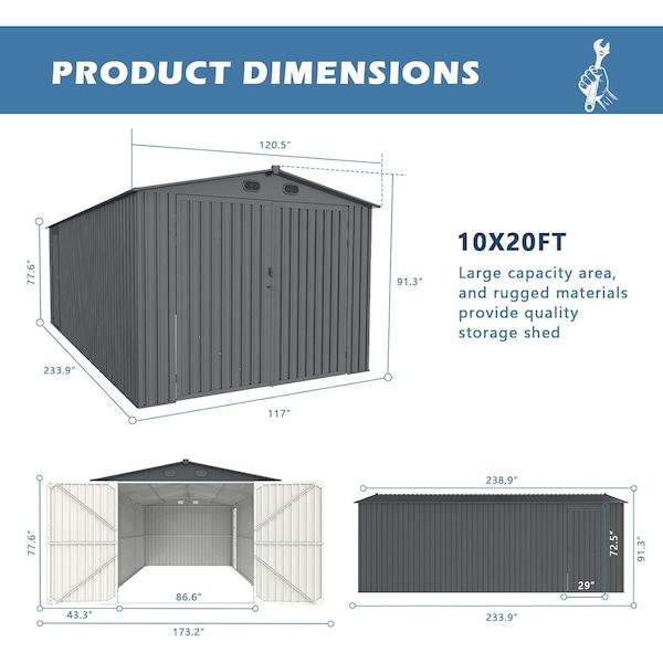 Chery Industrial Outdoor Large Metal Storage Shed 20x10FT, Garden Shed for Car, Truck, Bike, Garbage Can, Tool - DOUMS1020DG01