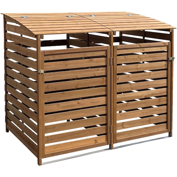 Hanover Wooden Trash and Recyclables Bin Storage Shed with Dual Front Doors and Hinged Top Lids in Brown - HANWS0103-BRN