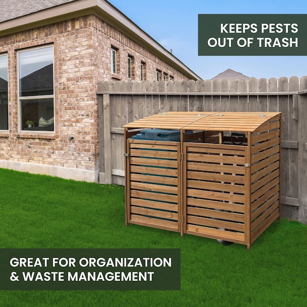 Hanover Wooden Trash and Recyclables Bin Storage Shed with Dual Front Doors and Hinged Top Lids in Brown - HANWS0103-BRN