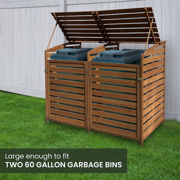 Hanover Wooden Trash and Recyclables Bin Storage Shed with Dual Front Doors and Hinged Top Lids in Brown - HANWS0103-BRN
