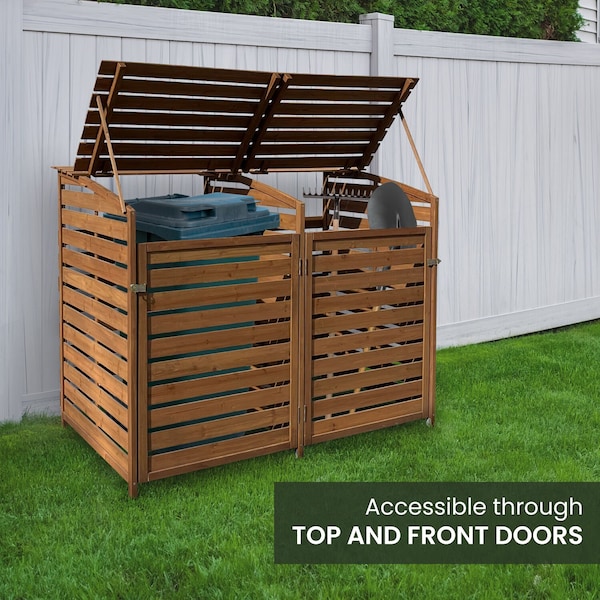 Hanover Wooden Trash and Recyclables Bin Storage Shed with Dual Front Doors and Hinged Top Lids in Brown - HANWS0103-BRN