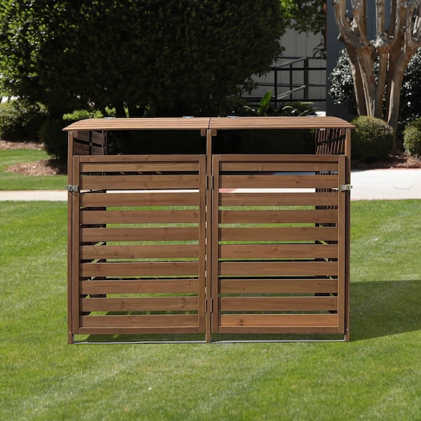 Hanover Wooden Trash and Recyclables Bin Storage Shed with Dual Front Doors and Hinged Top Lids in Brown - HANWS0103-BRN