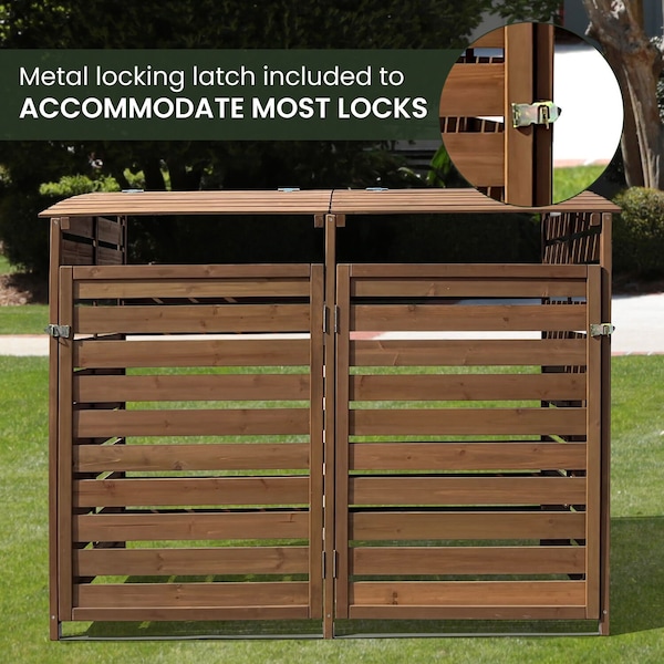Hanover Wooden Trash and Recyclables Bin Storage Shed with Dual Front Doors and Hinged Top Lids in Brown - HANWS0103-BRN