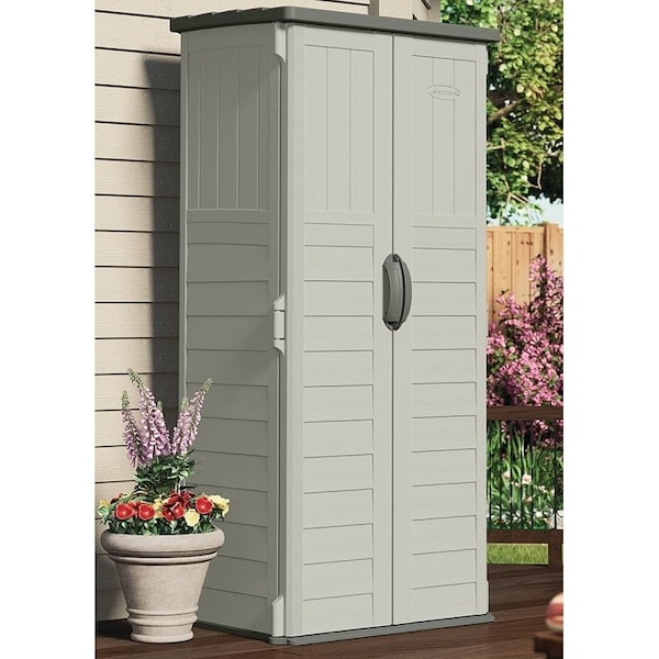 Suncast Storage Shed, 22 cu-ft Capacity, 2 ft 8-1/4 in W, 2 ft 1-1/2 in D, 6 ft H, Resin, Stoney/Vanilla - BMS1250