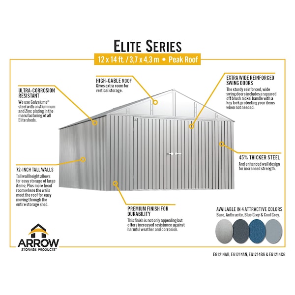 Arrow Storage Products Elite Steel Storage Shed, 12x14, Anthracite - EG1214AN