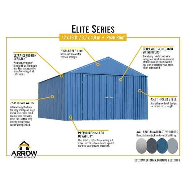 Arrow Storage Products Elite Steel Storage Shed, 12x16, Anthracite - EG1216AN