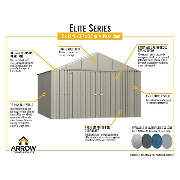 Arrow Storage Products Elite Steel Storage Shed, 12x12, Anthracite - EG1212AN