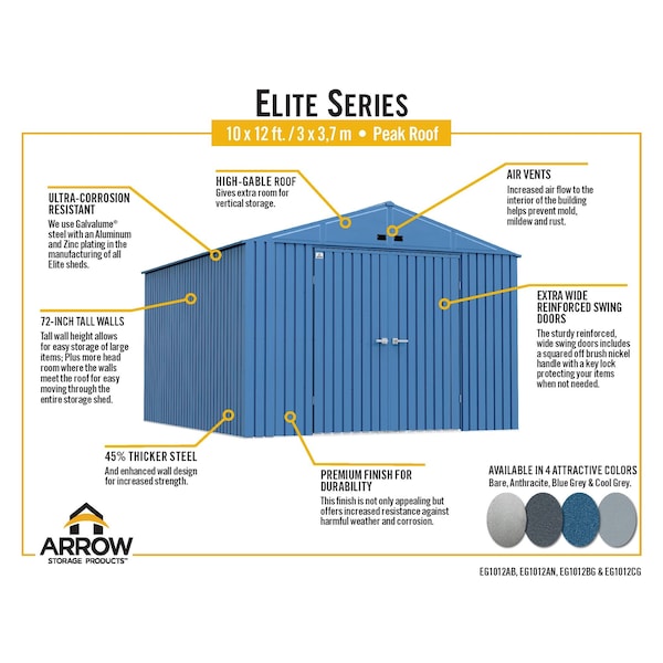 Arrow Storage Products Elite Steel Storage Shed, 10x12, Cool Grey - EG1012CG