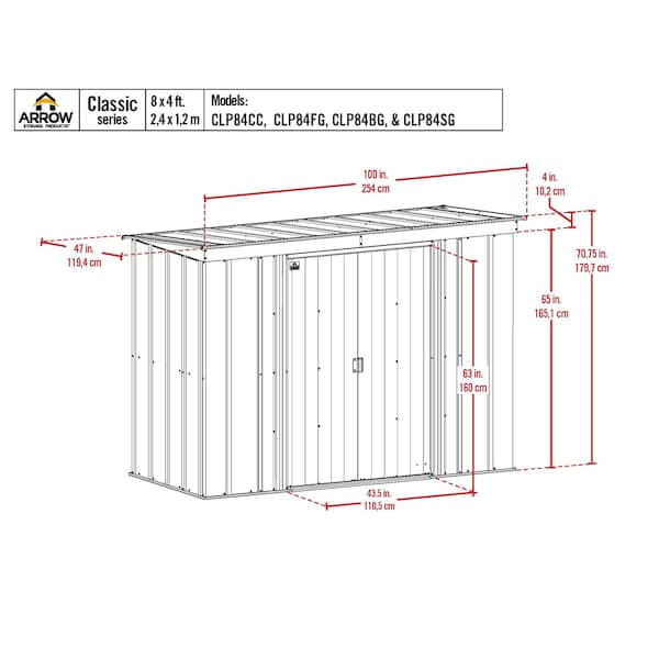 Arrow Storage Products 8x4 Classic Steel Storage Shed, Flute Grey - CLP84FG