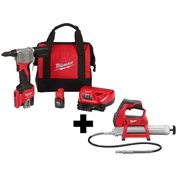 Milwaukee Tool Rivet Tool Kit and Grease Gun, 12 V, Includes Batteries (1.5 Ah) & Charger - 2550-22, 2446-20