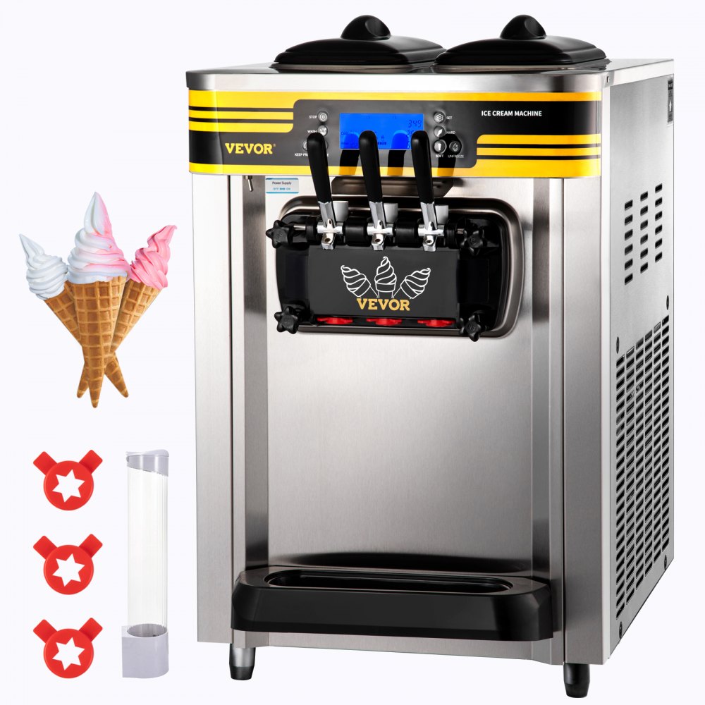 VEVOR Commercial Ice Cream Maker, 22-30L/H Yield, 2350W Countertop Soft Serve Machine w/ 2x6L Hopper 2L Cylinder LCD Panel Puffing Shortage Alarm, Frozen Yogurt Maker for Restaurant Snack Bar, Silver - S2230LHR2110VOBEDV1