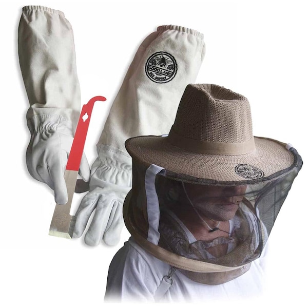 Good Land Bee Supply Gloves w/Canvas Sleeves & Beekeeping Hat Includes Round Veil - Small & J-Hook Beehive Scraper Tool - GL-GLV-JHK-VL-SM