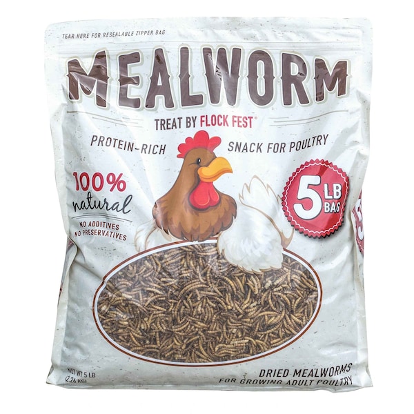 Flock Fest Outdoor Dried Mealworms for Chickens, Wild Birds, Ducks, and Small Pets, 5 Lbs Bag - 27077084214