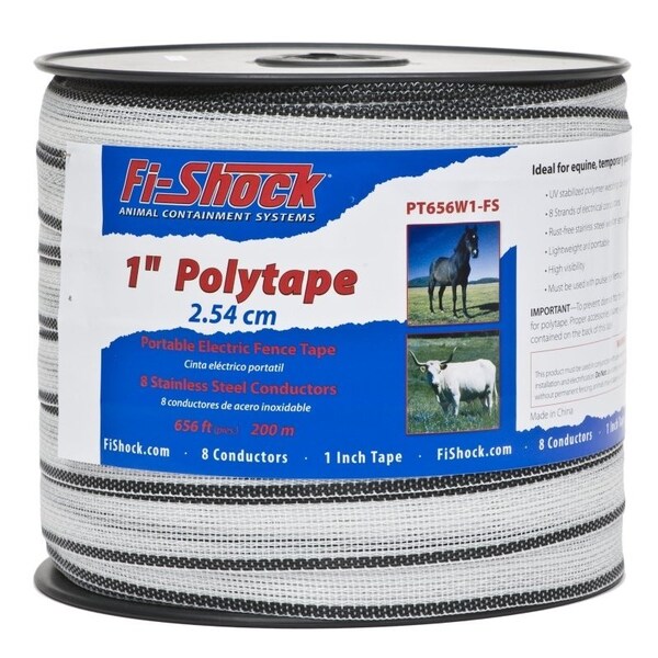 Zareba FiShock PT656W1FS Polytape, 656 ft L, 1 in W, 8Strand, Stainless Steel Conductor, White - PT656W1-Z/FS