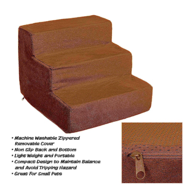 Pet Adobe Pet Adobe High Density Foam Stairs 3 Step Design, Ramp for Small Dogs, Cats with Cover, Brown - 330378VSG