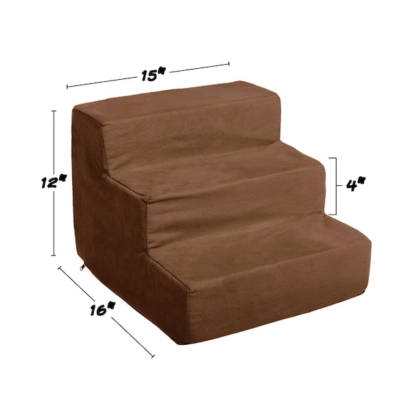 Pet Adobe Pet Adobe High Density Foam Stairs 3 Step Design, Ramp for Small Dogs, Cats with Cover, Brown - 330378VSG