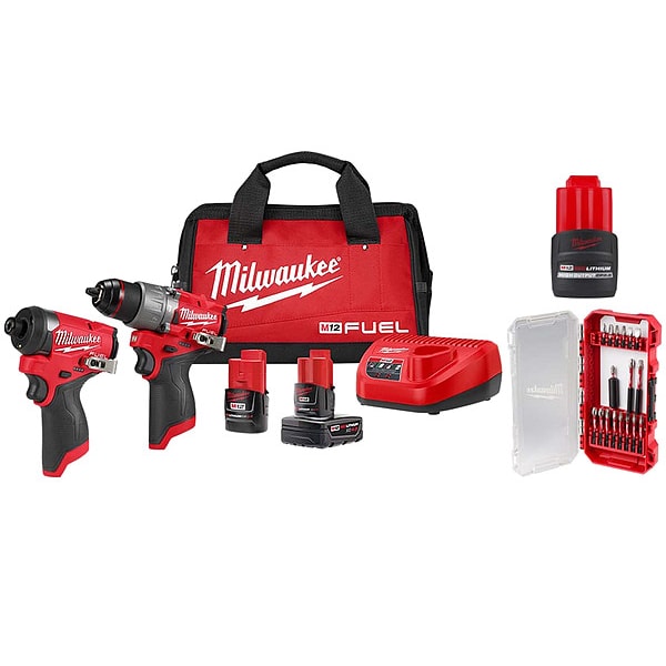 Milwaukee Tool Combo Kit, 12V, 2.1 lb, Li Ion Battery - 3497-22, 48-11-2425, 48-32-4403