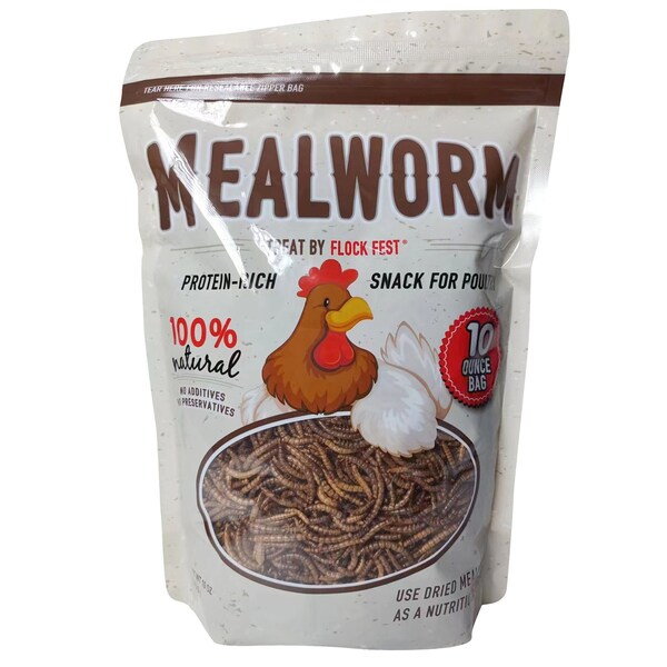 Flock Fest Dried Mealworms for Chickens, Wild Birds, Ducks, and Small Pets, 10 oz Bag, 6PK - 27077088915