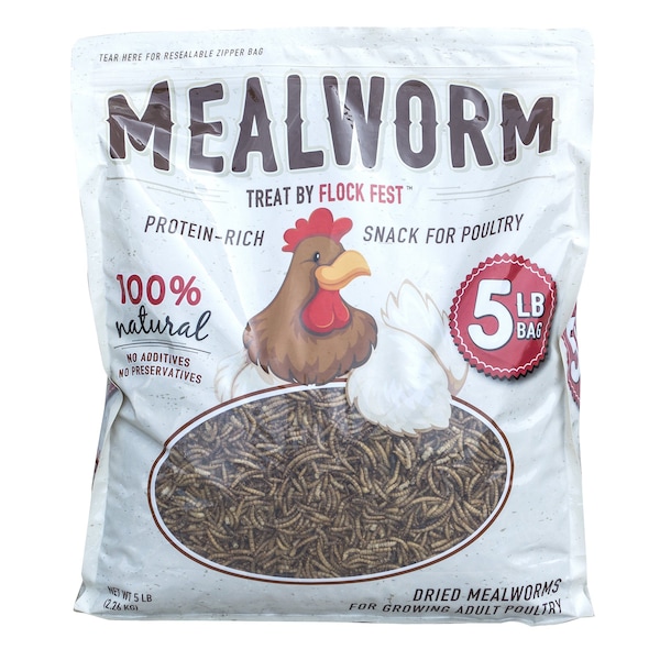 Flock Fest Dried Mealworms for Chickens, Ducks, and Small Pets, 5 Lbs Bag - DMW5