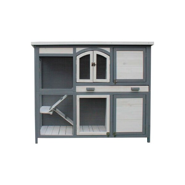 Almo Fulfillment Services Hanover Outdoor Wooden 2-Story Rabbit Hutch with 2 Ramps, Wire Mesh Run and Removable Tray - HANRH0104-GRY