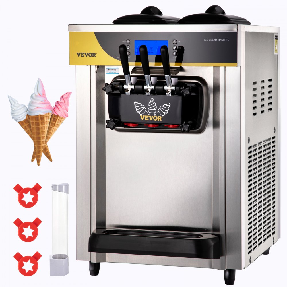 VEVOR Commercial Ice Cream Maker, 22-30L/H Yield, 2200W Countertop Soft Serve Machine w/ 2x6L Hopper 2L Cylinder LCD Panel Puffing Shortage Alarm, Frozen Yogurt Maker for Restaurant Snack Bar, Silver - S2230LHR1110VIP0GV1