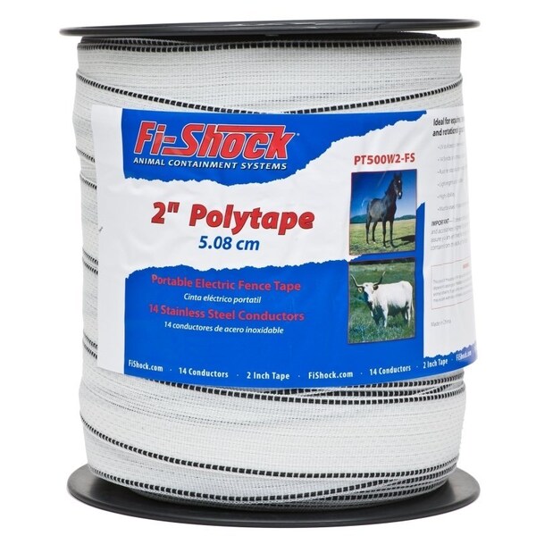 Zareba FiShock PT500W2FS Polytape, 500 ft L, 2 in W, 14Strand, Stainless Steel Conductor, White - PT500W2-Z/FS
