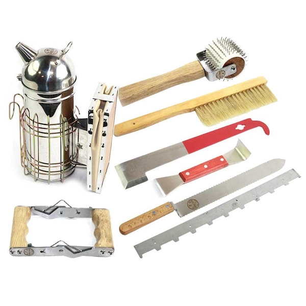 Good Land Bee Supply Bee Smoker, Frame Spacer, Serrated Decapping / Uncapping Knife & Roller, Frame Grip, J-Hook - GL-TKIT1
