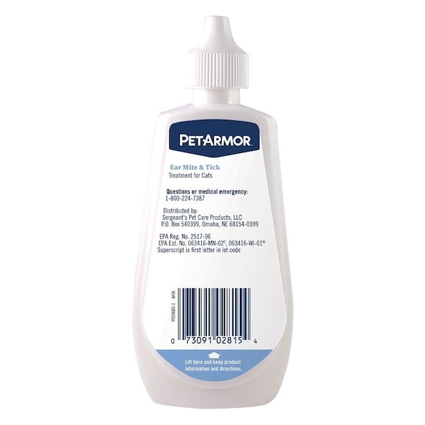 Pet Armor PetArmor Cat Ear Mite/Tick Treatment, Liquid, Fragrance-Free, 3 oz Squeeze Bottle - 2815