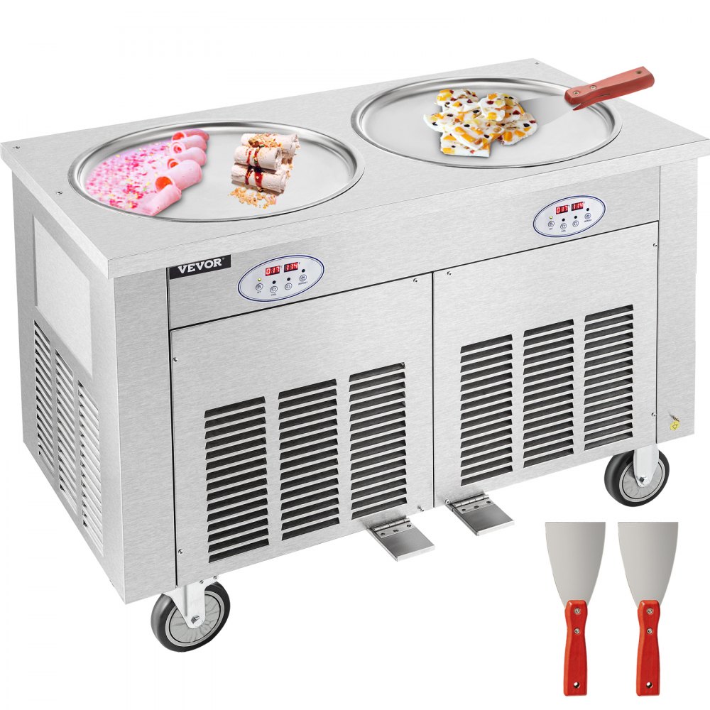 VEVOR Commercial Rolled Ice Cream Machine, 1800W Stir-Fried Ice Roll Machine Double Pans, Stainless Steel Ice Cream Roll Machine w/ 17.7" Round Pan, Yogurt Cream Machine for Bars Cafés Dessert Shops - ZNSGBCBJY-2DAG98PV1