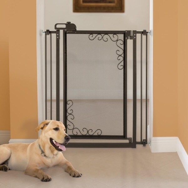 Richell 32.5-36.5 x 2.4 x 40 in. One-Touch Metal Mesh Pet Gate - Antique Bronze - Tall - 94943