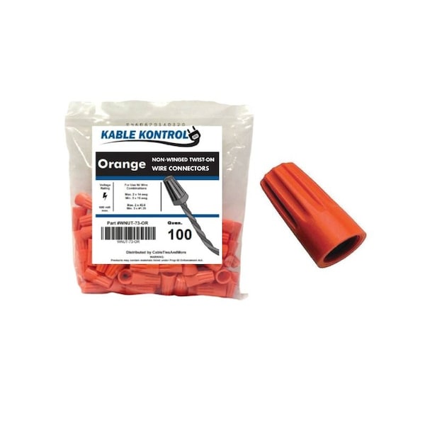Kable Kontrol Kable Kontrol® Electrical Wire Connectors Nuts - Non - Winged - Fits Wire 16 - 14 AWG - 100 Pcs - Orange - WNUT-73-OR-100