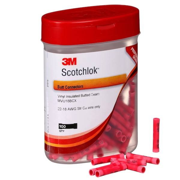 3M Scotchlok Butt Splice Connector, 22-18AWG, Red, PK100 - MVU18BCX