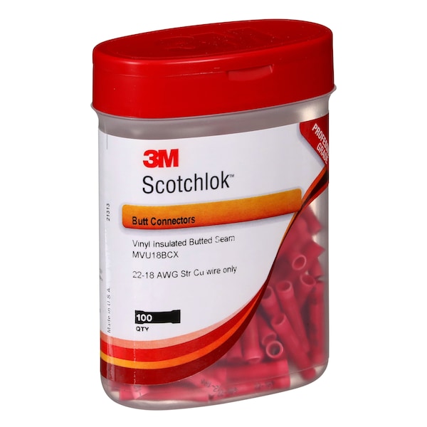 3M Scotchlok Butt Splice Connector, 22-18AWG, Red, PK100 - MVU18BCX
